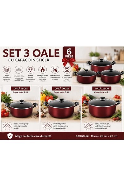 Generic Brand Set 3 Oale Antiaderente cu Capace Sticla (18/20/22 cm), 6 Piese