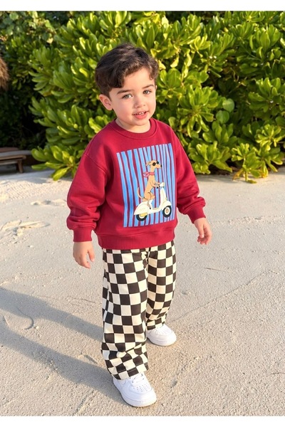 alvadonna kids Dog Printed Sweatshirt and Checkerboard Patterned Sweatpants B...
