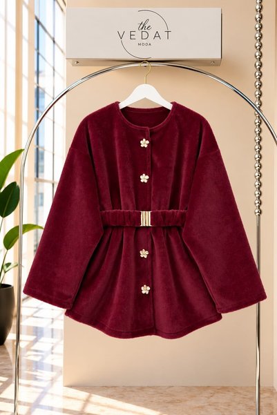 MODA VEDAT Women's Belted Coat with Button Details -0700 Burgundy