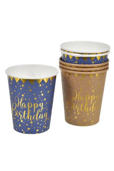 Baloane Vesele Set of 6 Happy Birthday Party Glasses with Stars, Blue and Gil...