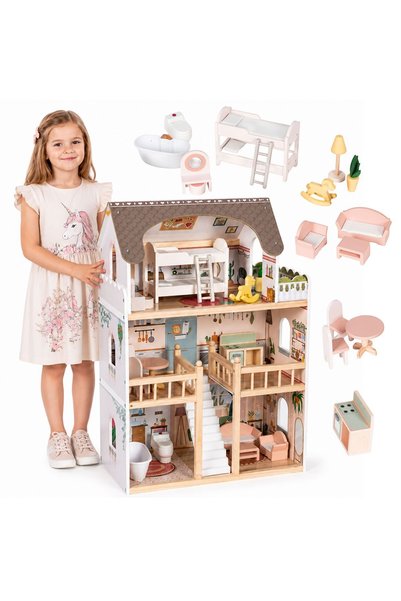 Ecotoys Laura Dollhouse, Wood, 3 Stories, 5 Rooms, 15 Pieces, Multicolor KID0...