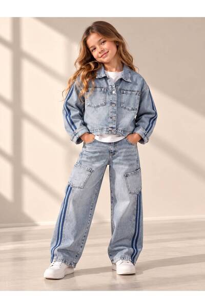 POV Kız Çocuk Şerit Detaylı Denim Ceket Pantolon Tişört 3 Parça Takım