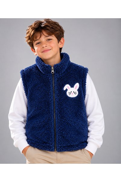 casa nexa Girls' Pink Plush Vest with Zipper, Rabbit Embroidery, Stand-Up Col...