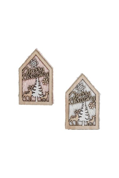 Jumbo Casuta Decorativa din Lemn de Craciun Ecru Roz Ren Fulgi cu Imitatie de...