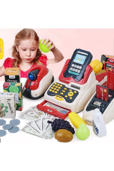 DMG TECH آلة تسجيل النقد للأطفال، جهاز DMG Kids Cashier مع ماسح ضوئي للدفع، ل...
