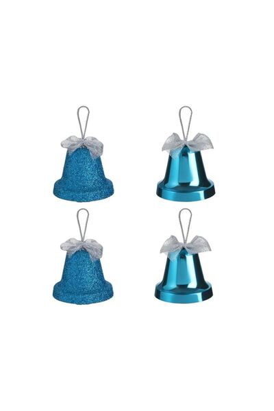 Jumbo Set Ornamente de Craciun Clopote Turcoaz Glitter Funda Argintie 6cm - 4buc