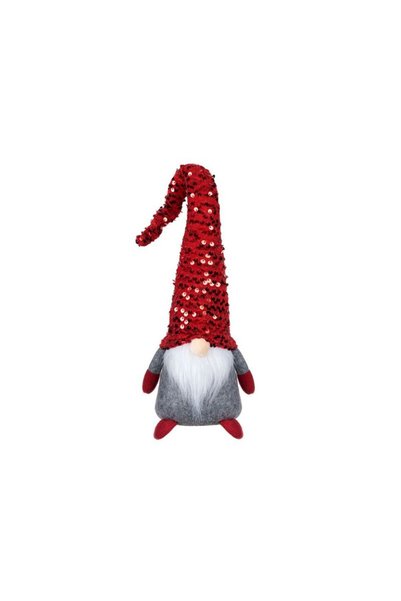 Jumbo Figurina Decorativa de Craciun Gnome Gri cu Caciula Rosie Paiete 46cm