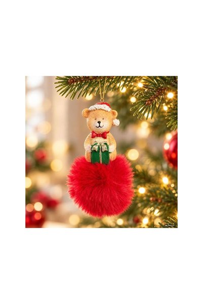 Jumbo Ornament de Brad din Polirasina in Forma de Ursulet cu Blana Rosie 10cm