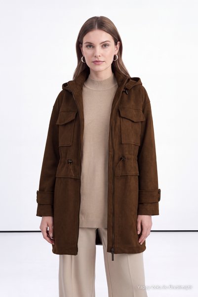 Zühre Hooded Waist Adjustable Suede Tan Jacket 0200