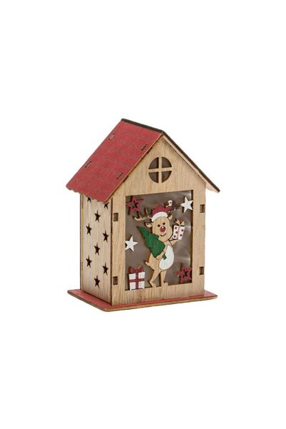 Jumbo Casa din Lemn Decorativa de Craciun cu Cerb & LED 8.5x11.5cm
