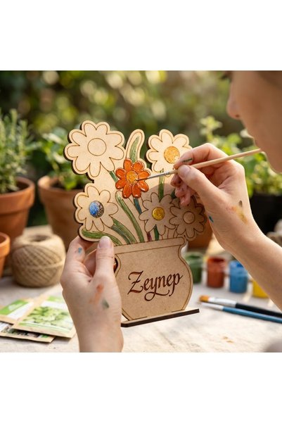 WoodStory İsim Yazılabilen Akrilik Boya (6 ana renk 3 ml) ve Fırça dahil Ahşa...