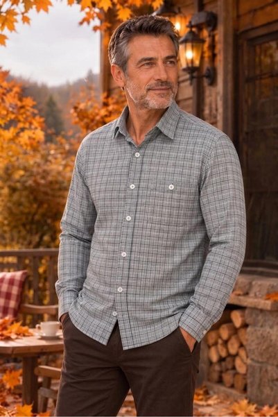 GÖMLEK GALERİSİ Men's Classic Wide Cut Long Sleeve Plaid Cotton Shirt with Po...