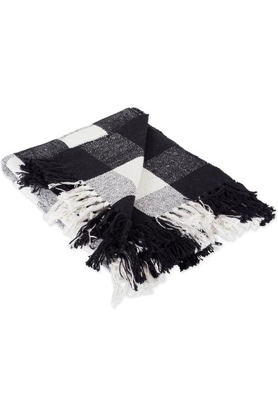 DII بطانية ريفية بنمط مربعات بافلو مع شراشيب، مقاس 50×60، لون أحمر تانجو/أسود