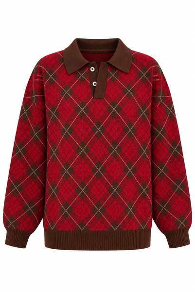 Laluvia Brown Polo Collar Knit Sweater - 609123