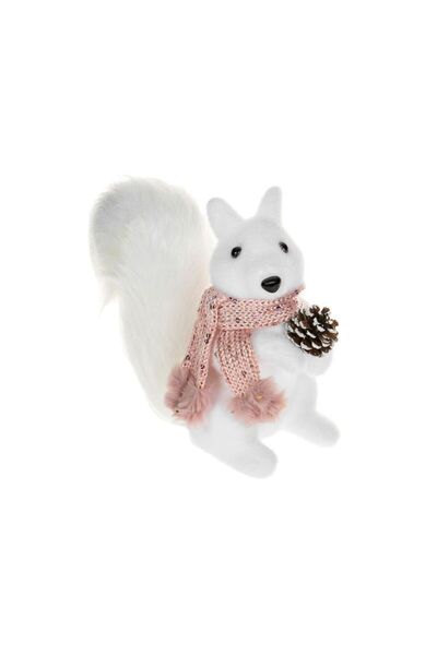 Jumbo Figurina Decorativa de Craciun Veverita din Spuma Alba cu Fular Roz Bla...