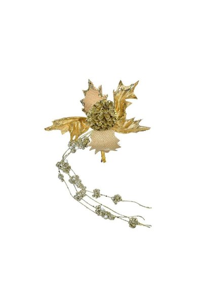 Jumbo Floare Decorativa de Craciun Aurie cu Glitter Ghirlanda & Clips 22cm