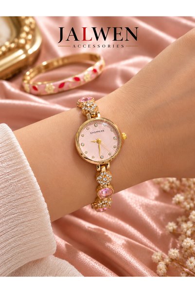 CHOPPERSS Vintage Esintili Gold Renk Pembe Taşlı Zarif Kadın Kol Saati