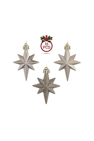 Jumbo Set Ornamente de Craciun Stele Bej Mat Glitter 8cm - 16buc