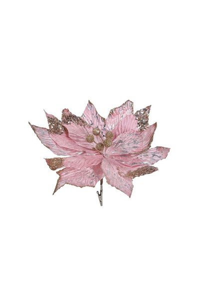 Jumbo Floare Decorativa de Craciun Catifelata Roz cu Glitter Paiete cu Clips ...