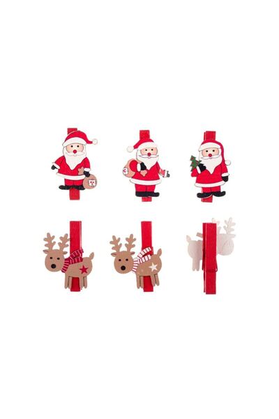 Jumbo Clestisori de Craciun Decorativi din Lemn Mos Craciun Cerbi 5cm - 6buc