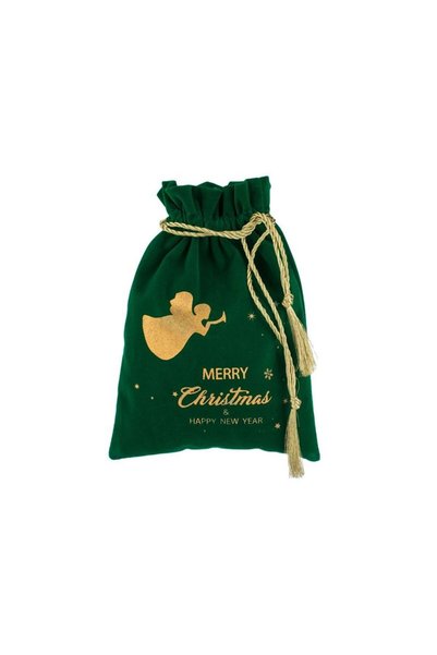 Jumbo Saculet Cadou de Craciun Verde Catifelat cu Imagine Aurie din Folie 18x...
