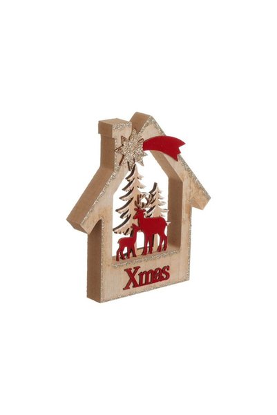 Jumbo Decoratiune de Craciun din Lemn Casa cu Stea & Ren Rosu Catifelat 17cm