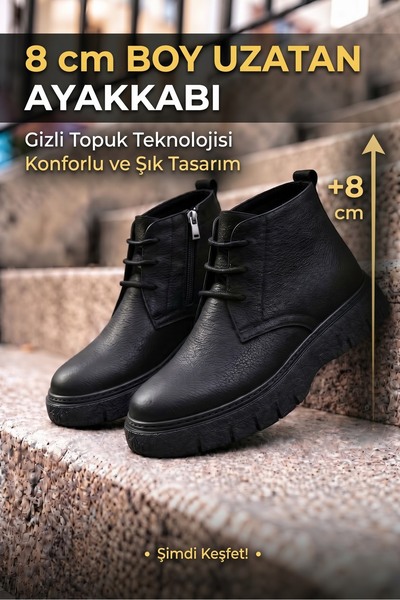 gizlitopuk 8 cm Boy Uzatan Gizli Topuk Siyah Hakiki Deri Erkek Klasik Bot GTs...