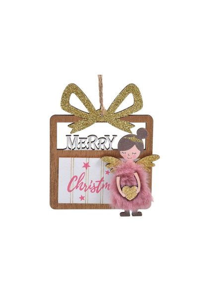 Jumbo Ornament Brad de Craciun Cadou din Lemn cu Ingeras 3D Blana Dusty Pink ...