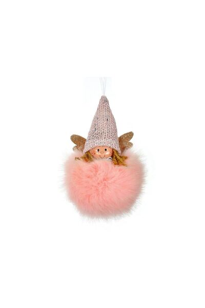 Jumbo Ornament Brad de Craciun din Blana Roz cu Fetita Ingeras Ø16cm