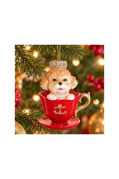 Jumbo Ornament de Brad din Polirasina in Forma de Catel in Ceasca Rosie 9cm