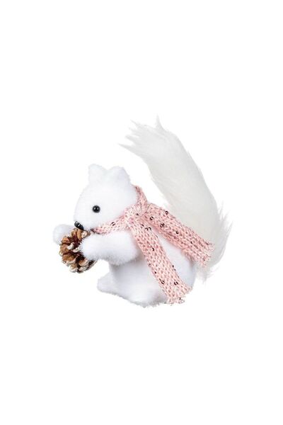 Jumbo Figurina Decorativa de Craciun Veverita din Spuma Alba cu Fular Roz 14cm