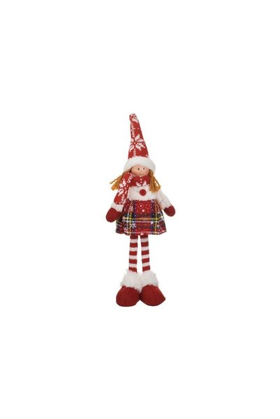 Jumbo Figurina Decorativa de Craciun Ingeras cu Rochie Rosie in Carouri 35cm