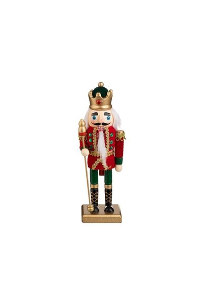 Jumbo Rege Decorativ de Craciun din Lemn cu Uniforma Catifelata Rosie Verde 20cm