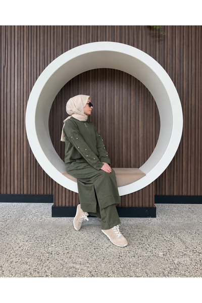 AYSUN AYDEMİR Pearl Detailed Top and Bottom 2-Piece Hijab Tracksuit Set Khaki