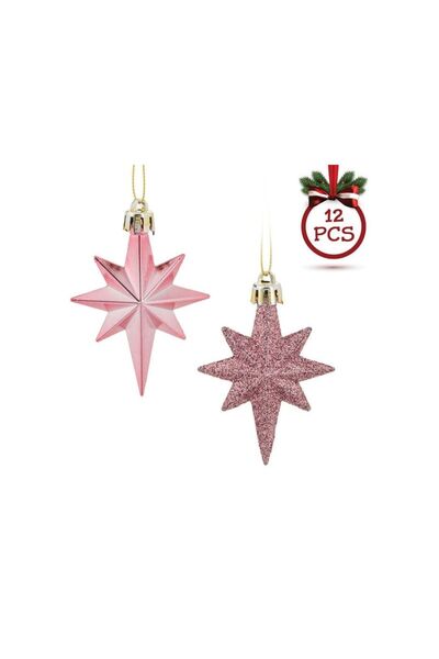 Jumbo Set Ornamente de Craciun Stele Roz Lucioase & Glitter 8cm - 12buc