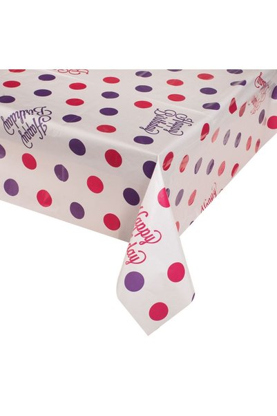 OEM Fata de Masa de Petrecere din Plastic Alba cu Buline Fucsia Mov Happy Bir...