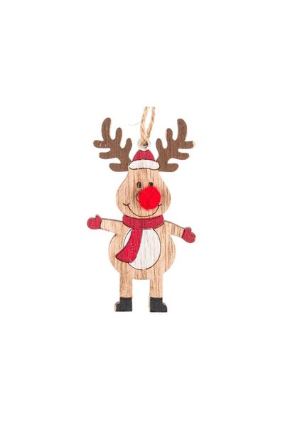 Jumbo Ornament din Lemn pentru Brad de Craciun Cerb Nas Pompon 9cm