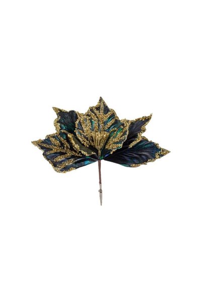 Jumbo Floare Decorativa de Craciun Albastra Verde cu Glitter Auriu Paiete & C...