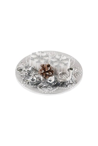 Jumbo Platou Decorativ Argintiu Conuri Lumanari Fulgi de Craciun 13cm