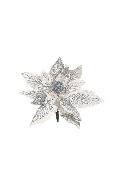 Jumbo Floare Decorativa de Craciun cu Clip Craciunita Alba Glitter Argintiu 25cm