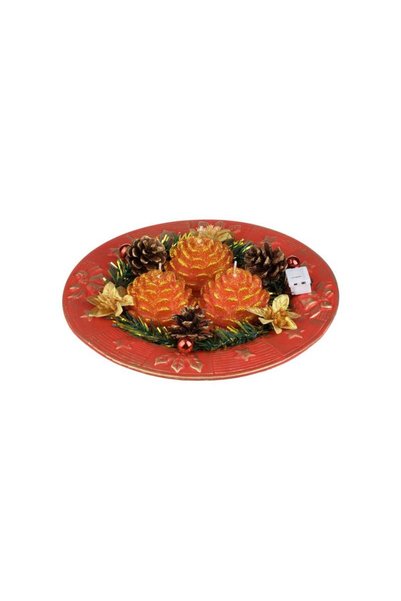 Jumbo Platou Decorativ de Craciun cu 3 Lumanari Rosii & Conuri 24cm