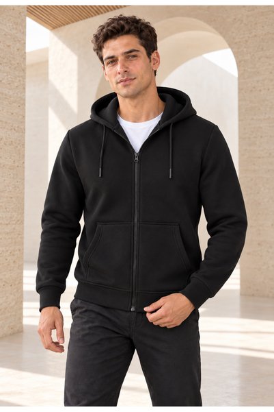 BETES سترة رجالية بغطاء للرأس وجيوب وبطانة من الصوف وسحاب كامل، لون أسود.