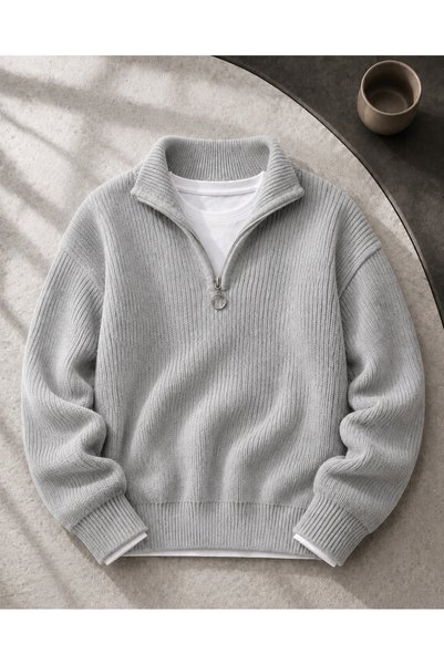 OTAKU Pulover din tricot pentru bărbați, cu guler înalt, cu fermoar parțial ș...
