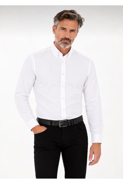 kzy giyim Men's White Slim Long Sleeve Basic Shirt