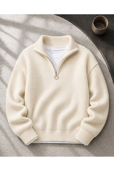 OTAKU Men's Half-Zipper Stand Collar Ribbed Knit Sweater