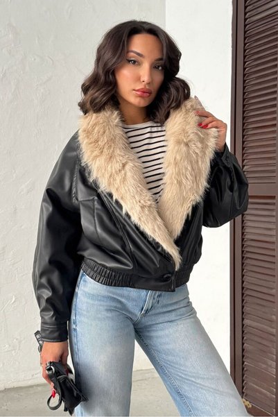 luzuze Women's Fur-Collar Wrap Leather Coat