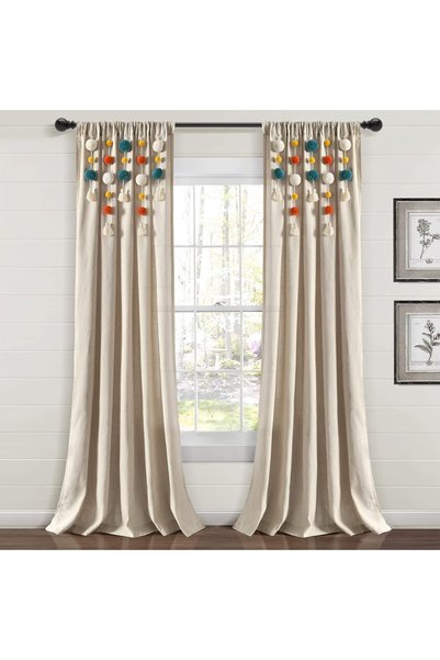 Generic Boho Pom Pom Tassel Linen Window Curtain Panel (Single Panel), 84" L ...