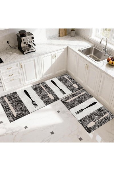 ARMONIA TEXTIL Set of 2 Black & White Kitchen Mats, Cutlery Pattern, Non-Slip...