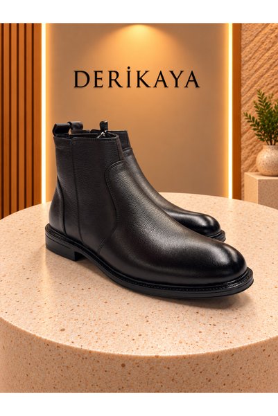 DERİ KAYA Erkek Siyah Hakiki Deri Fermuarlı Bilek Bot Klasik Kısa Kışlık Günl...