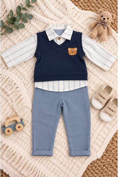 Minelia Kids Erkek Bebek Ayıcık Figürlü Çizgili Sweat 2’li Takım %100 Pamuk K...